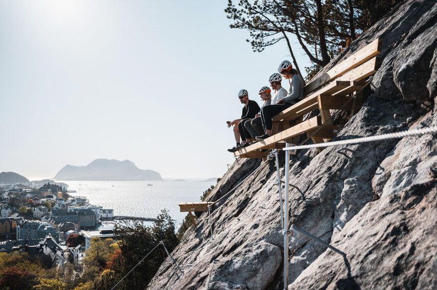 Ålesund: Via Ferrata tour - The halfway bench: a rest stop with a view worth pausing for