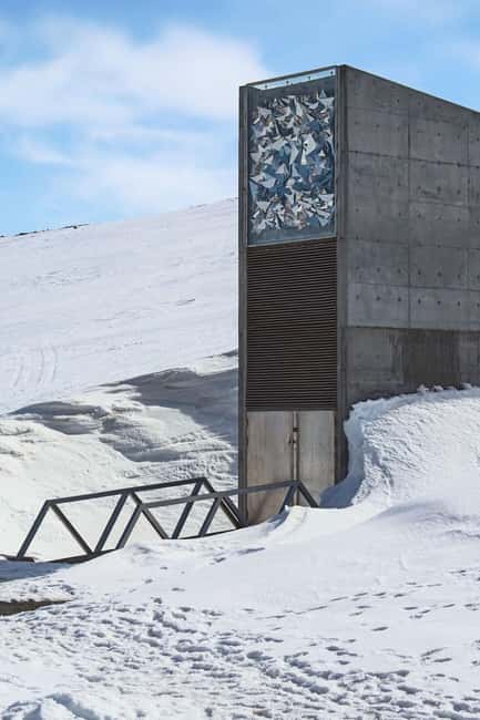 Longyearbyen: Svalbard Global Seed Vault Guided Walk - Standing at the Svalbard Global Seed Vault entrance, without going inside
