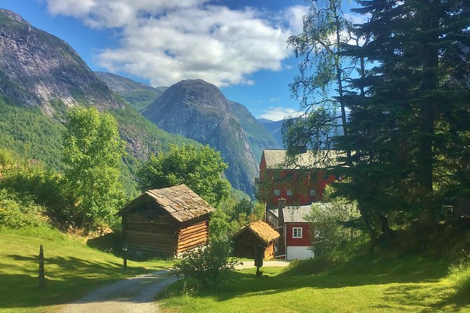 PRIVATE GUIDED TOUR: World Heritage Fjord Landscape – Viking Special – from Flåm - Stalheimsfossen and the Stalheim hotel terrace: waterfalls with real drama